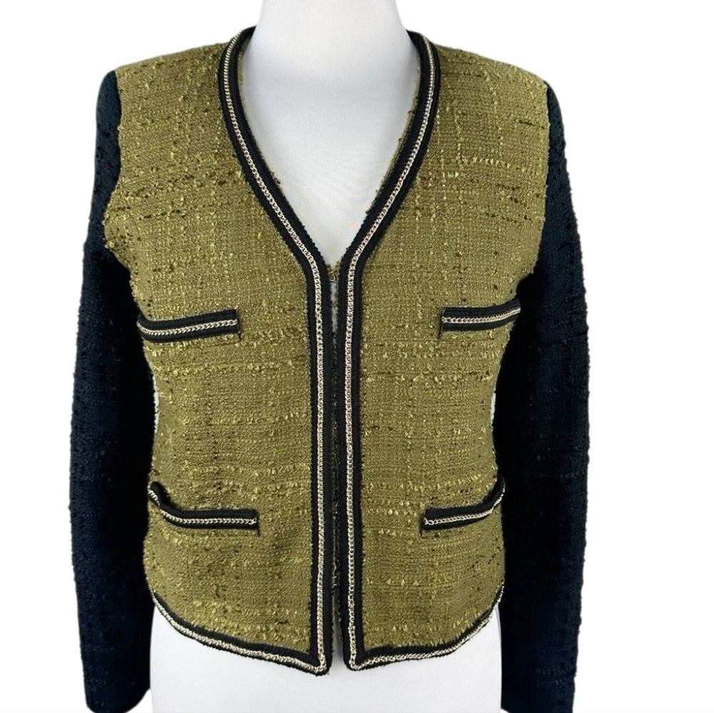 MANGO Tweed Suit Jacket. Olive Green & Black. Small (Olive Green & Black)